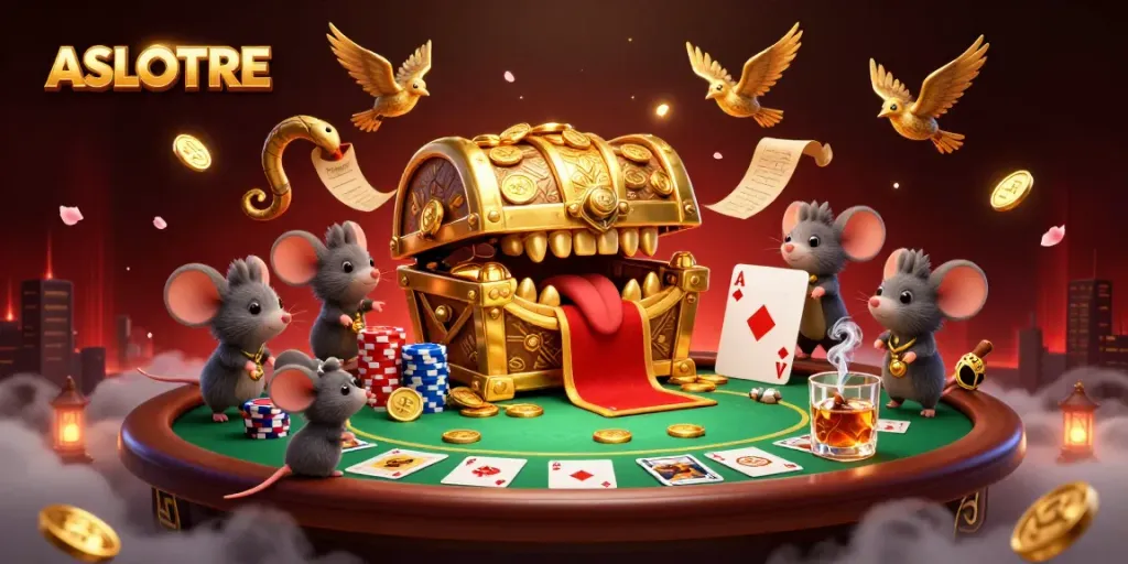 ASLOTRE menghadirkan ilustrasi kasino menggoda dengan peti harta karun dan elemen permainan poker yang kaya.