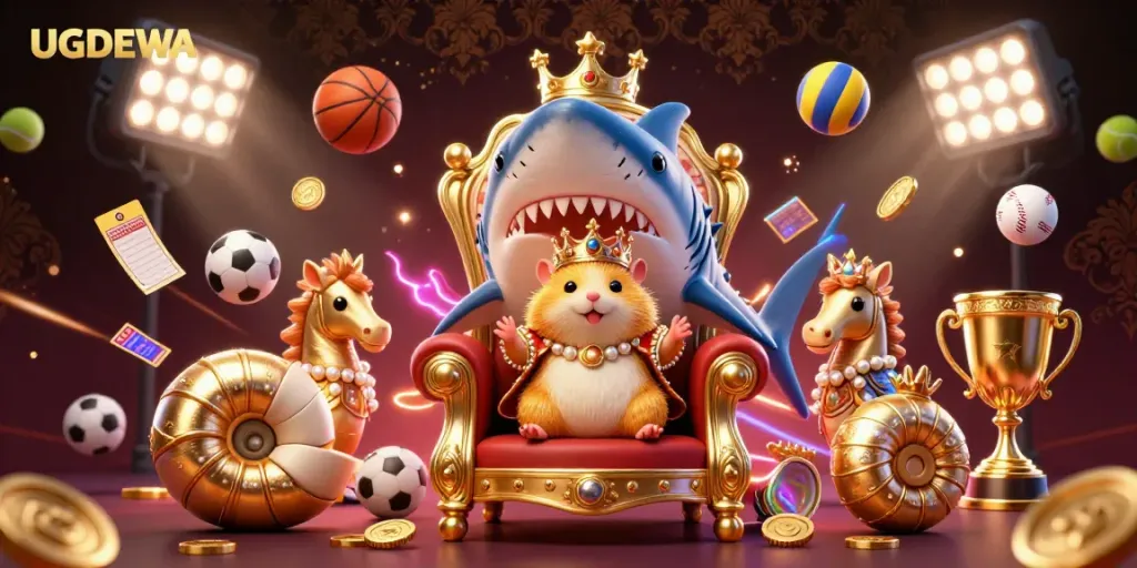 Join the golden hamster king in the vibrant UGDEWA gambling arena, surrounded by dynamic sports elements.