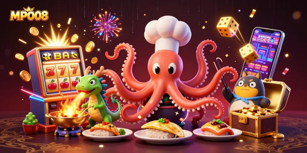 MPO08 showcases a vibrant scene of a sushi chef octopus creating dishes amidst a jackpot explosion in a colorful casino.