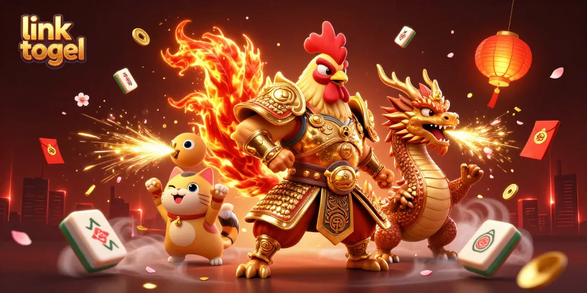 Engage in thrilling link togel action with a fighting rooster, dragon hatchling, and fortune cat in a vibrant illustration.