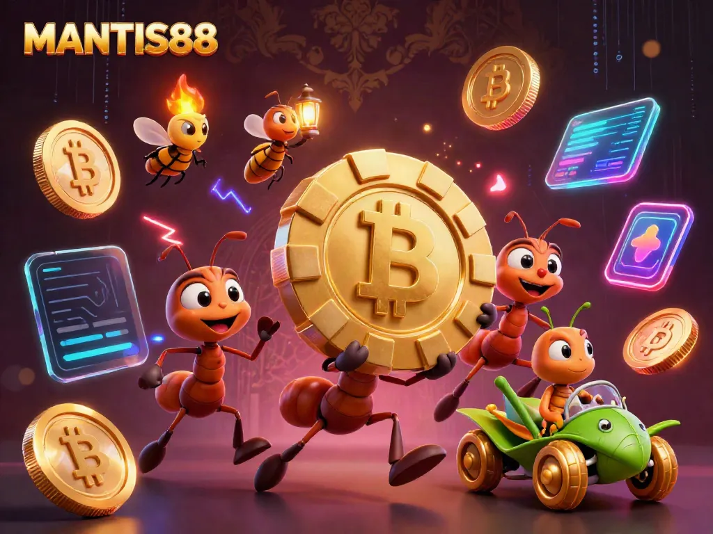 MANTIS88 ants heist carrying oversized poker chips, surrounded by crypto coins and glowing elements in a rich casino scene.
