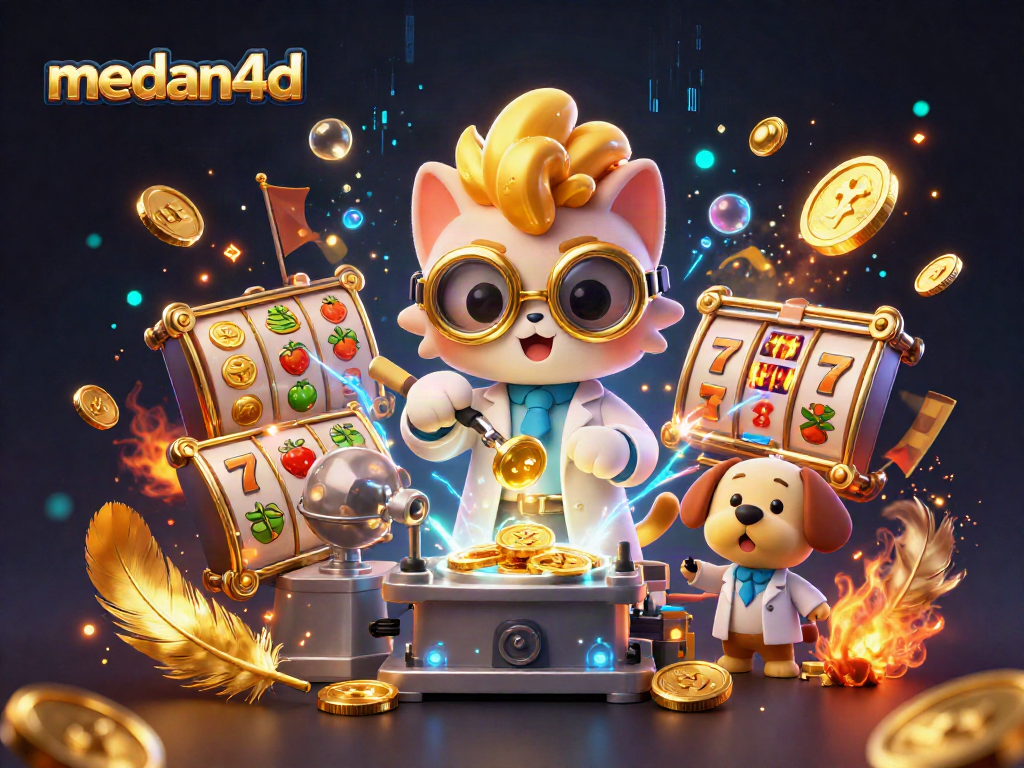 Permainan slot medan4d yang menampilkan kucing ilmuwan dengan koin emas dan efek api, memikat pemain
