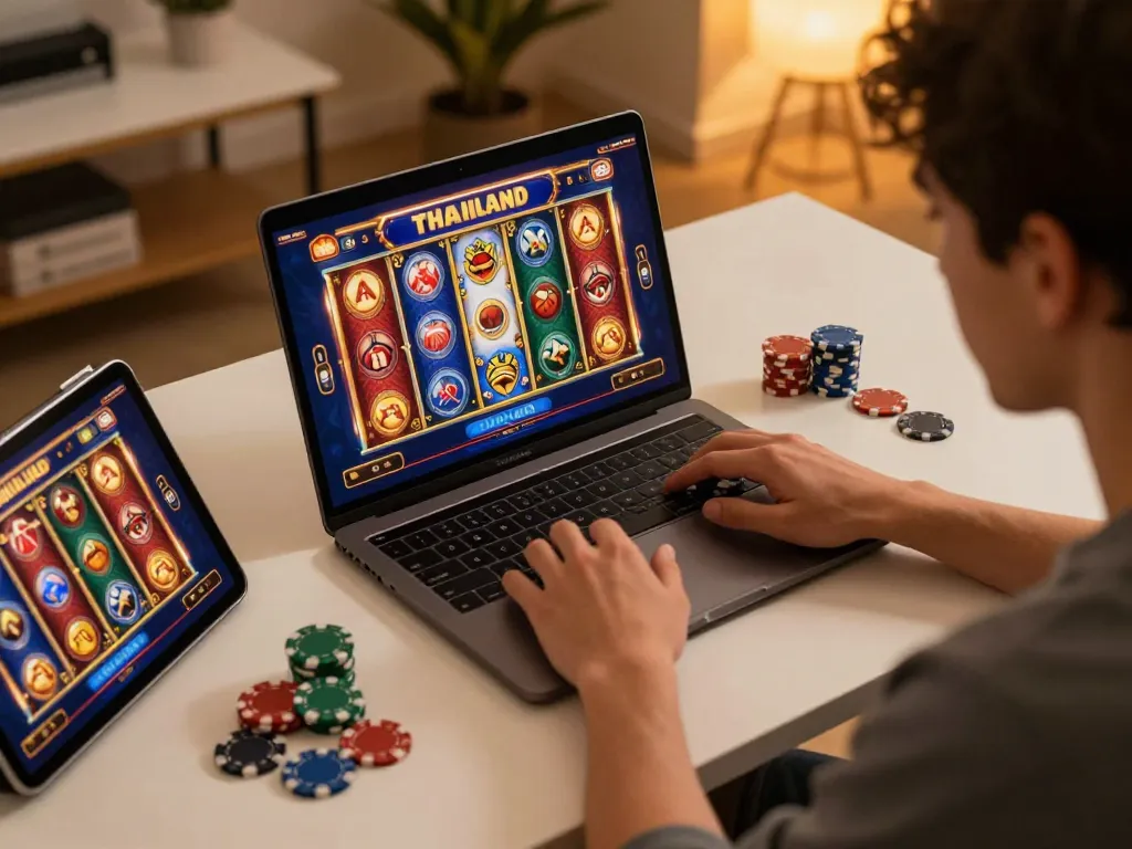 Player engaging in slot thailand gaming session on laptop, with vibrant slot graphics visible.