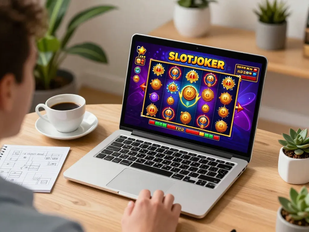 Play Slot IDCJOKER with innovative designs on your laptop in a cozy home environment.