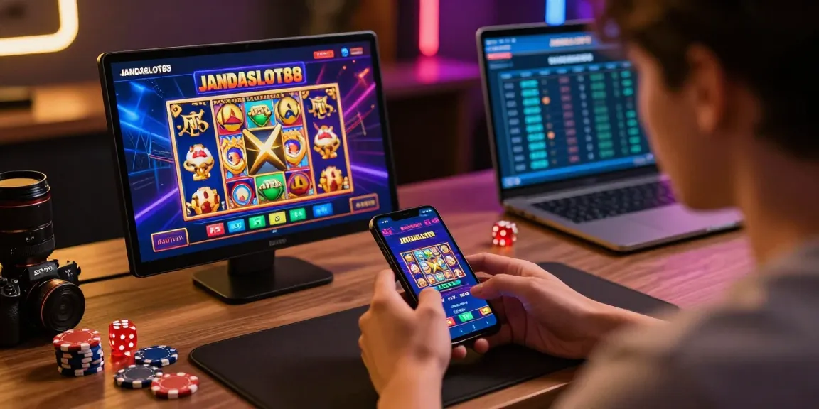 Pengguna JANDASLOT88 menikmati pengalaman bermain game slot online di smartphone dengan dekorasi bertema permainan yang mengasyikkan.