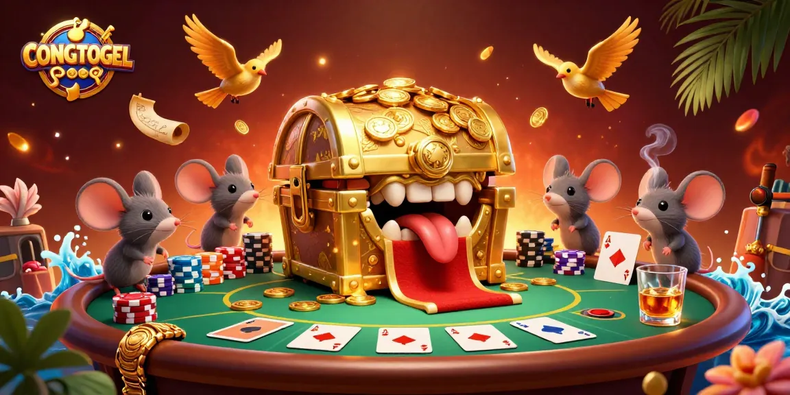 Engaging CONGTOGEL scene with golden treasure chest, poker elements, and vibrant casino atmosphere.