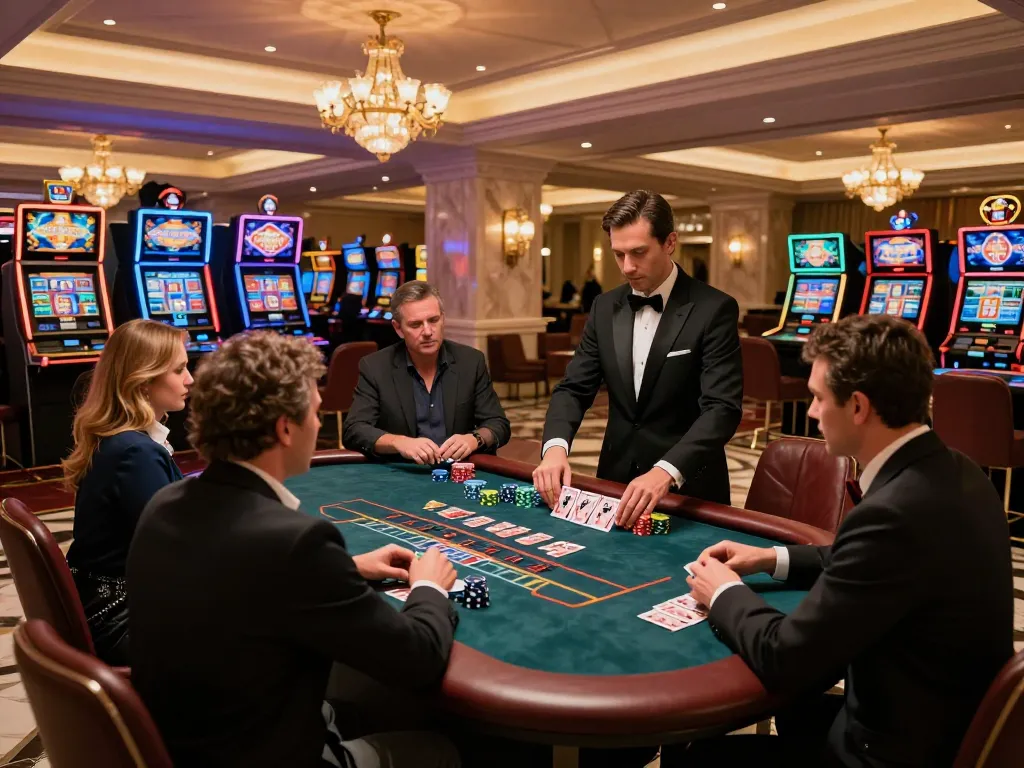 Players enjoying a game of blackjack at 98win vin casino, showcasing luxury and excitement.