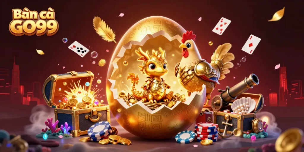 Bắn cá GO99 showcases a golden dragon on poker chips amidst underwater treasures and vibrant marine life