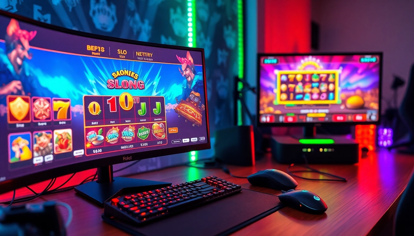 Menampilkan antarmuka slot demo dengan perangkat gaming modern di meja kerja yang futuristik.