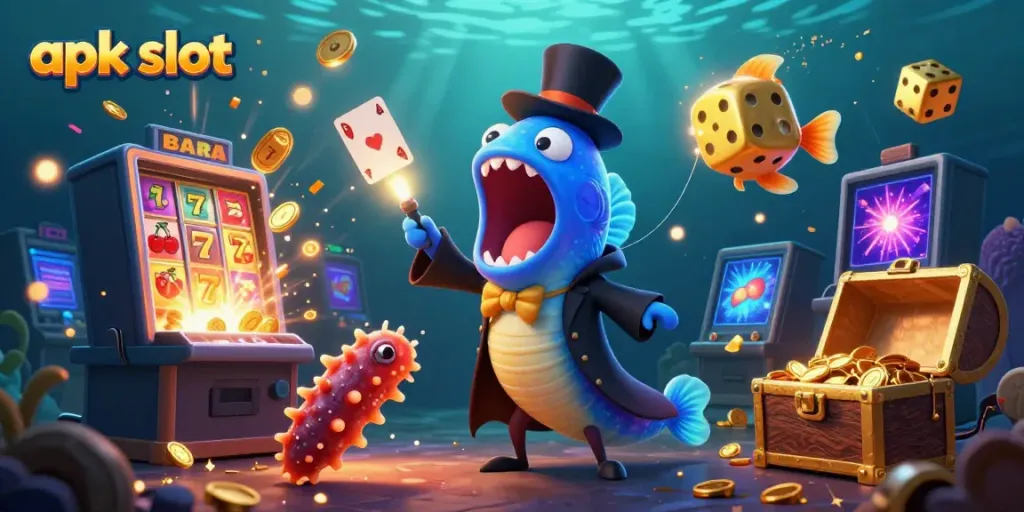 Mengakses apk slot dengan gulper eel dan teman dalam ilustrasi kasino yang dinamis.