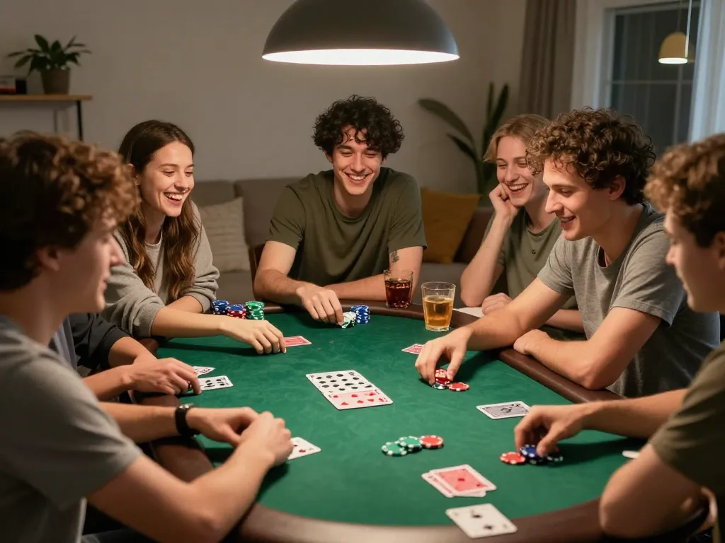 Players enjoying an exciting poker night with Pakde4D cards and chips at a warm home setting.