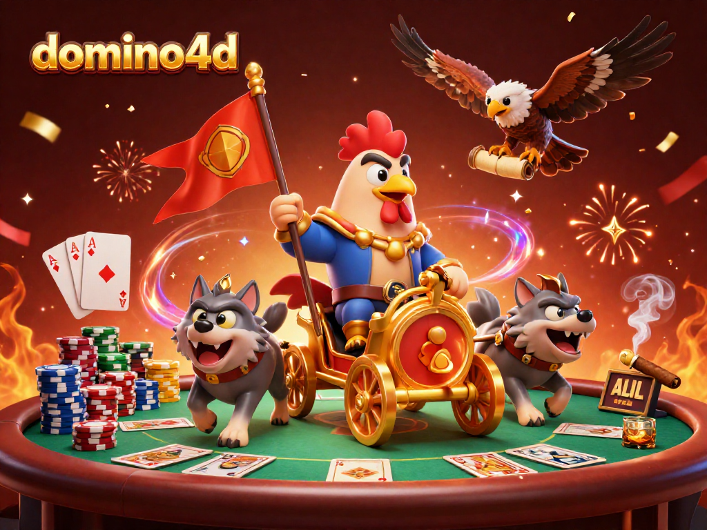 Rasakan keseruan domino4d dengan rooster perang yang mengendarai kereta emas di tengah permainan poker yang megah.