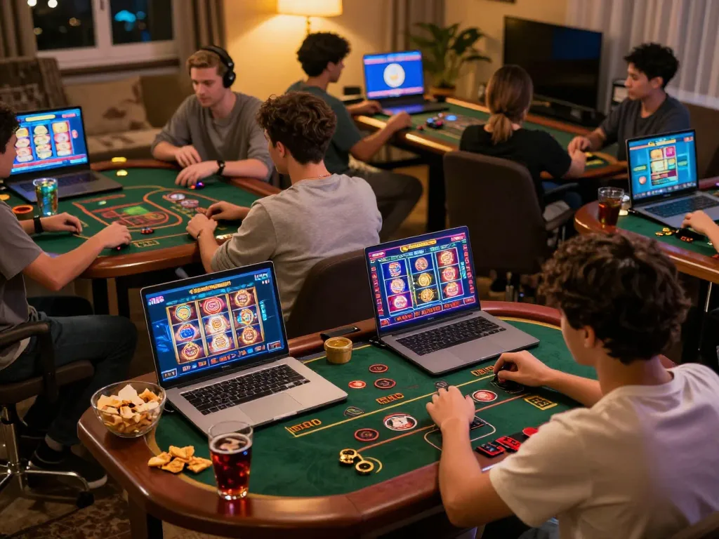 Sesi permainan online yang menarik dengan mesin slot LGO99 dan meja poker dalam suasana yang nyaman