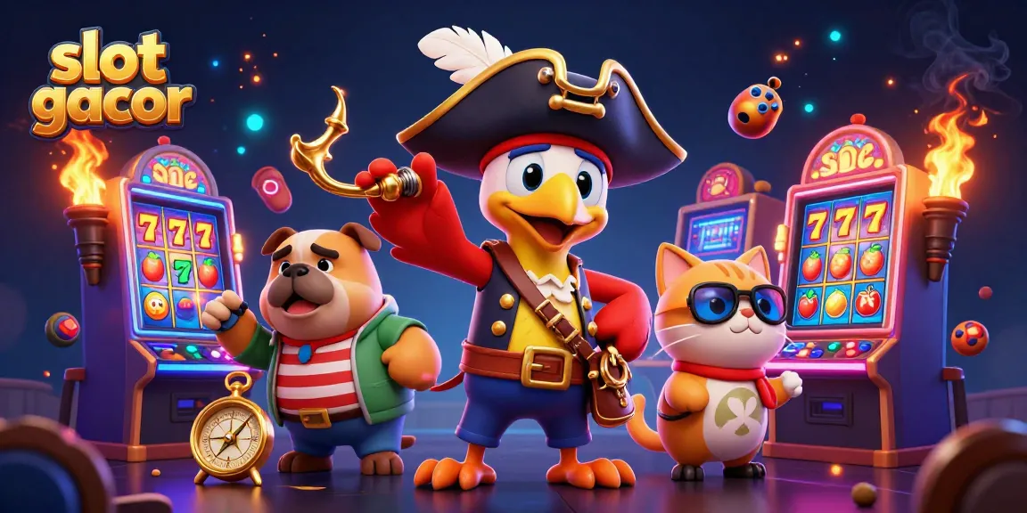 Engage with slot gacor games showcasing vibrant slot machines and charming characters in a dynamic casino illustration.