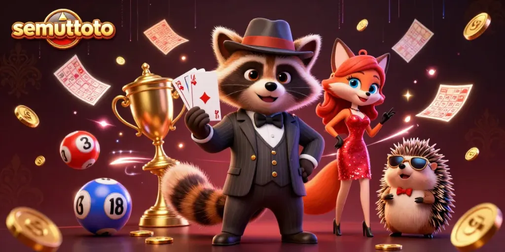 Permainan togel online bersama semuttoto, dengan karakter ceria di latar belakang mewah.