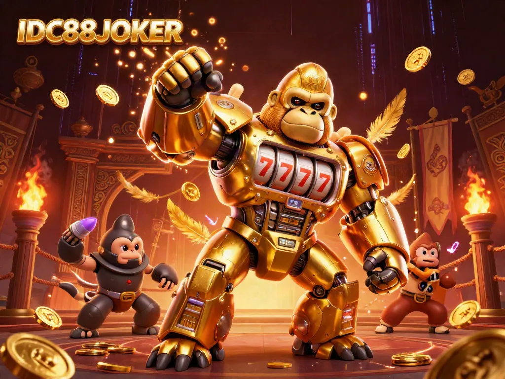 Experience slot excitement with IDC88JOKER's golden gorilla mech reflecting thrilling gameplay.