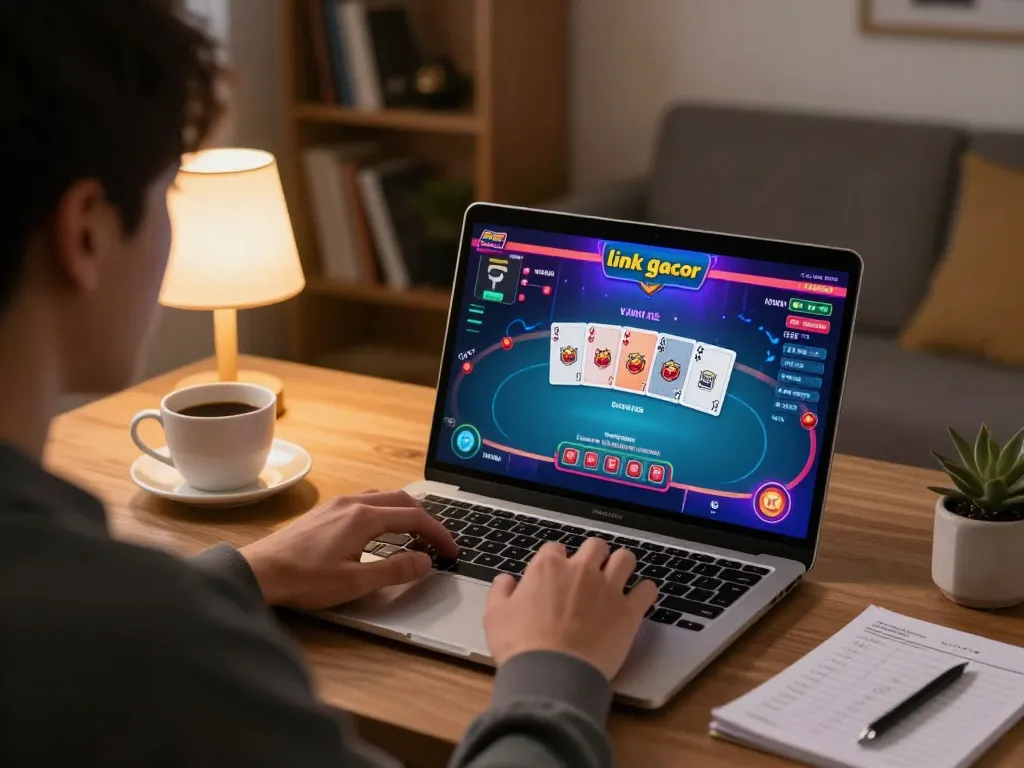 Engaged player enjoying link slot gacor on laptop in cozy home setting, emphasizing strategic online gaming.
