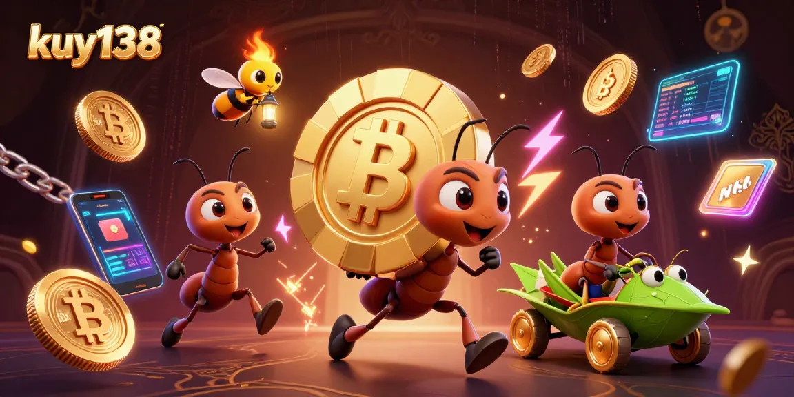 Ant tim 3D kuy138 beraksi membawa chip poker emas dalam saluran gelap penuh detail.
