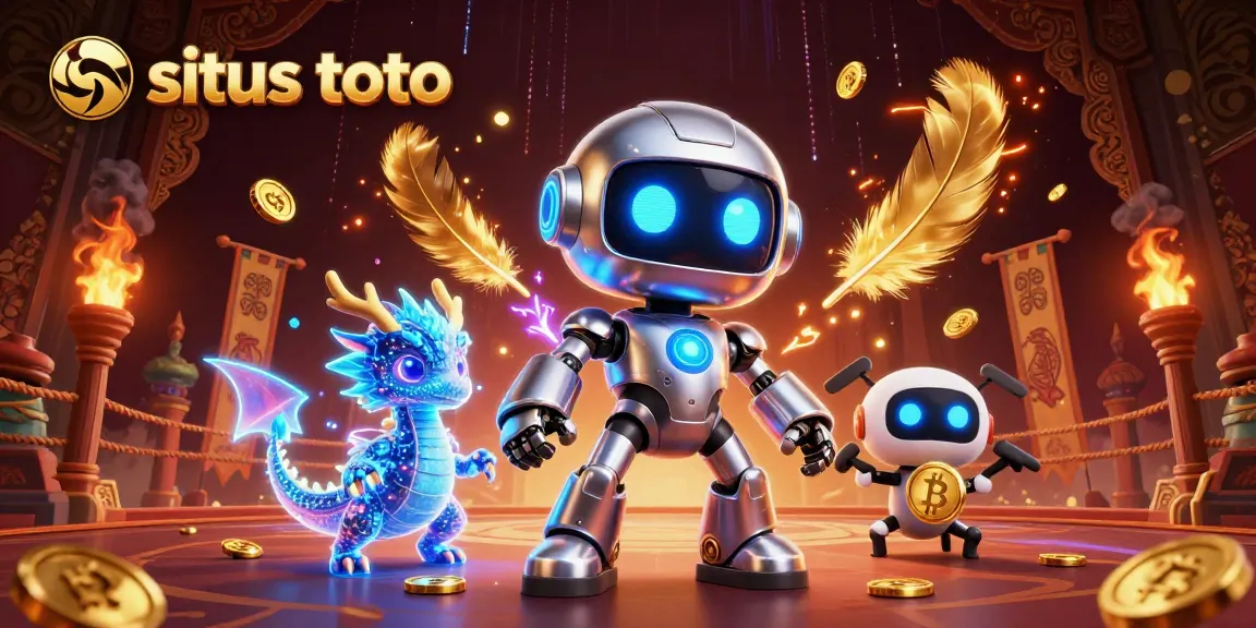Permainan situs toto seru dengan karakter robot dan naga holografik dalam suasana kasino yang menegangkan.