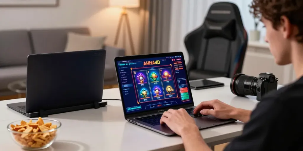 User enjoying the AHHA4D slot 4d experience on a modern gaming laptop in a cozy living room setting.