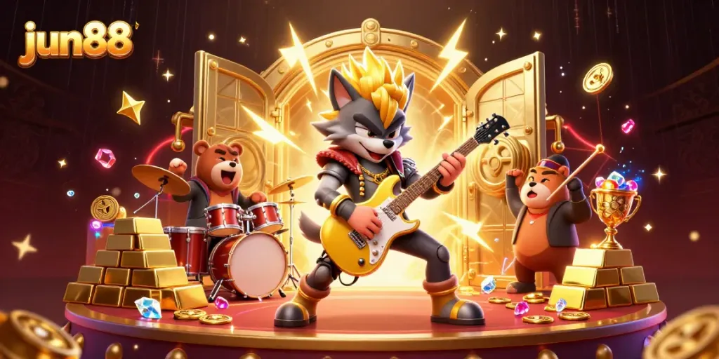 Experience exciting gameplay at jun88 with a rock star wolf and drummer bear on a vibrant casino stage.