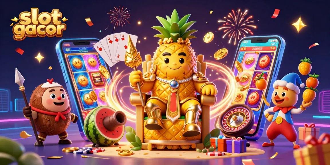 Slot gacor menampilkan raja nanas emas berperan di kasino dengan elemen slot yang berwarna-warni.