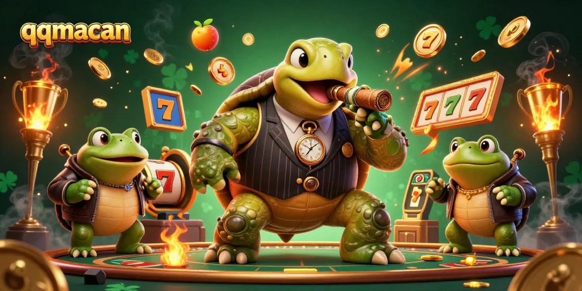 Engage with qqmacan's thrilling slot experience featuring a cartoon turtle mobster and action-packed elements.