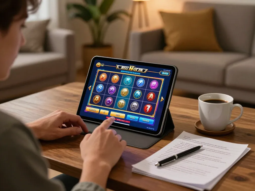 Engaged player enjoying a Demo Slot on tablet, with coffee and strategy notes for responsible gambling.