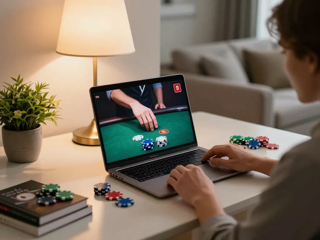 IDNSCORE RESMI online gaming session with player focused on poker hand and colorful chips