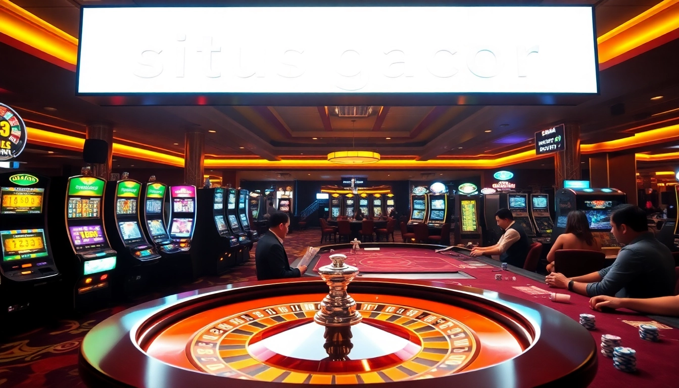 Kegembiraan situs gacor dengan pemain di meja poker, roda roulette, dan mesin slot yang berwarna-warni.
