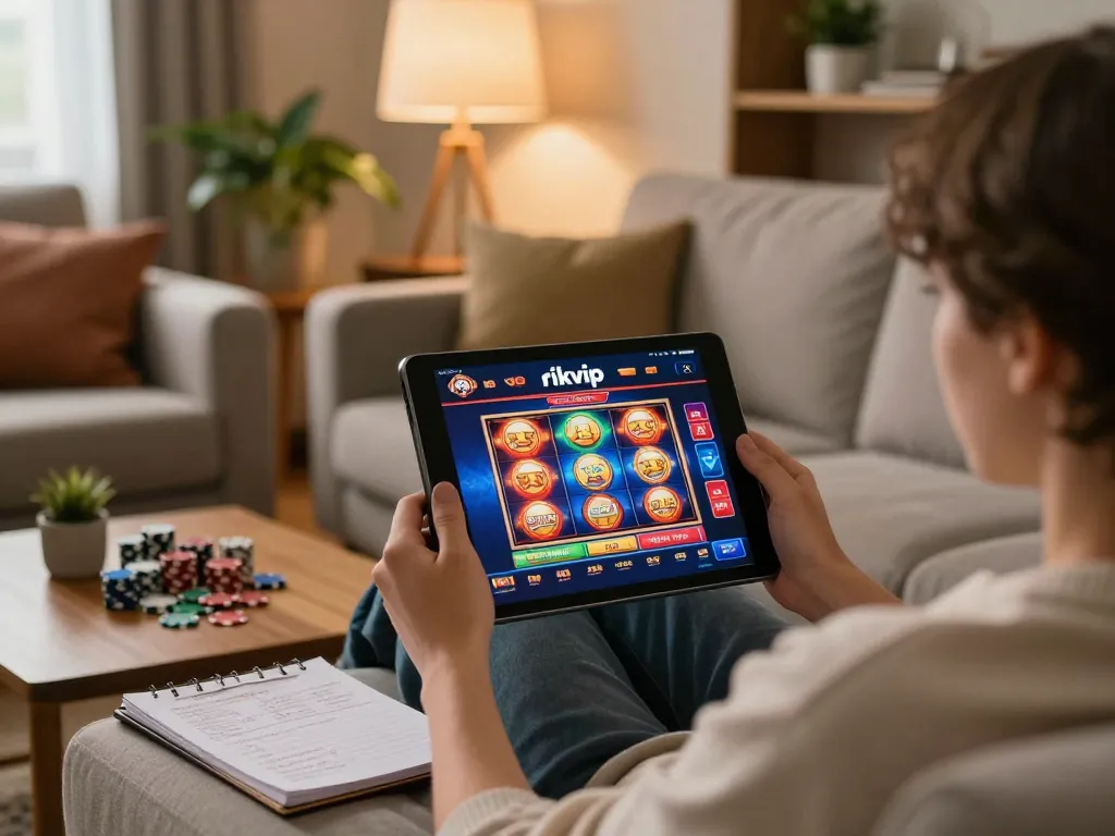 Engaging with rikvip online casino app while strategizing with notes and poker chips