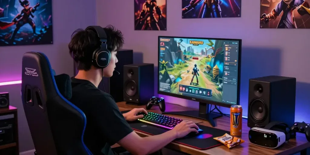 Gamer menikmati pengalaman bermain Kediritoto dengan fokus dalam suasana gaming yang menyala.