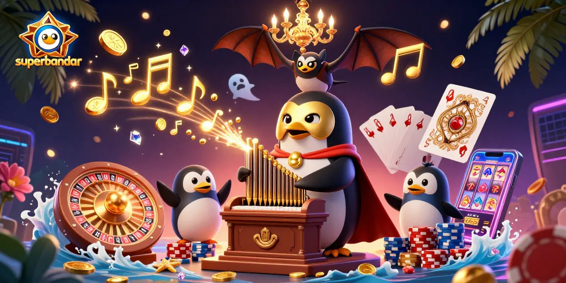Superbandar memainkan organ yang mengeluarkan koin emas dalam suasana kasino yang meriah.