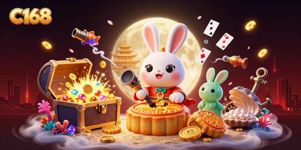C168 immerses players in a vibrant moonlit scene with a rabbit and golden mooncakes, evoking excitement and fortune.