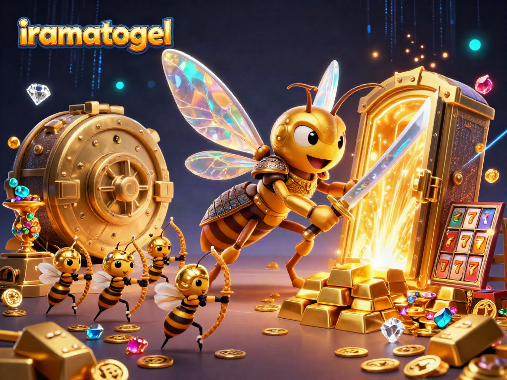 Permainan iramatogel menampilkan ratusan harta dengan simbol slot dan koin emas berkilau.