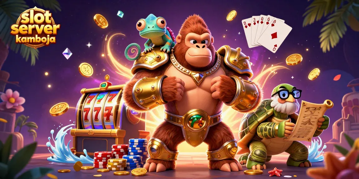 Bermain slot server kamboja dengan karakter kartun dan elemen kasino yang dinamis.