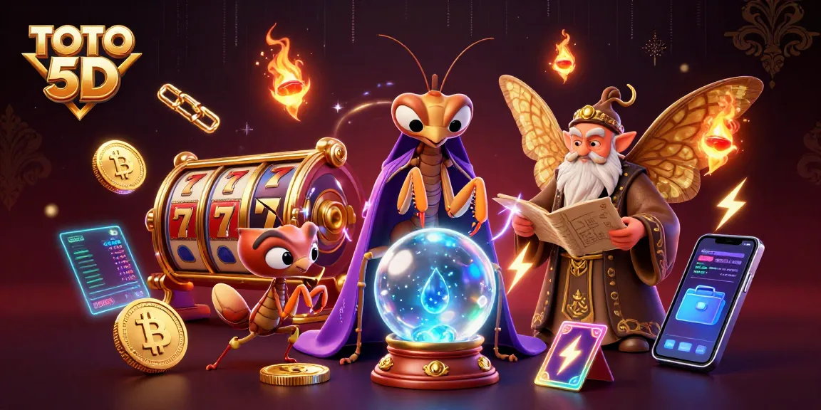 TOTO 5D Spielautomaten mit lebhaften Charakteren und glühenden Münzen im Casino-Stil darstellen.