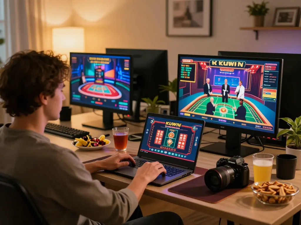 Engaging in online casino games on KUWIN from a cozy home setup with laptop and vibrant graphics