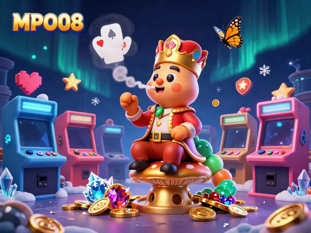 MPO08 unveils winning strategies with a whimsical 3D casino-themed illustration featuring engaging characters and dynamic gaming elements.