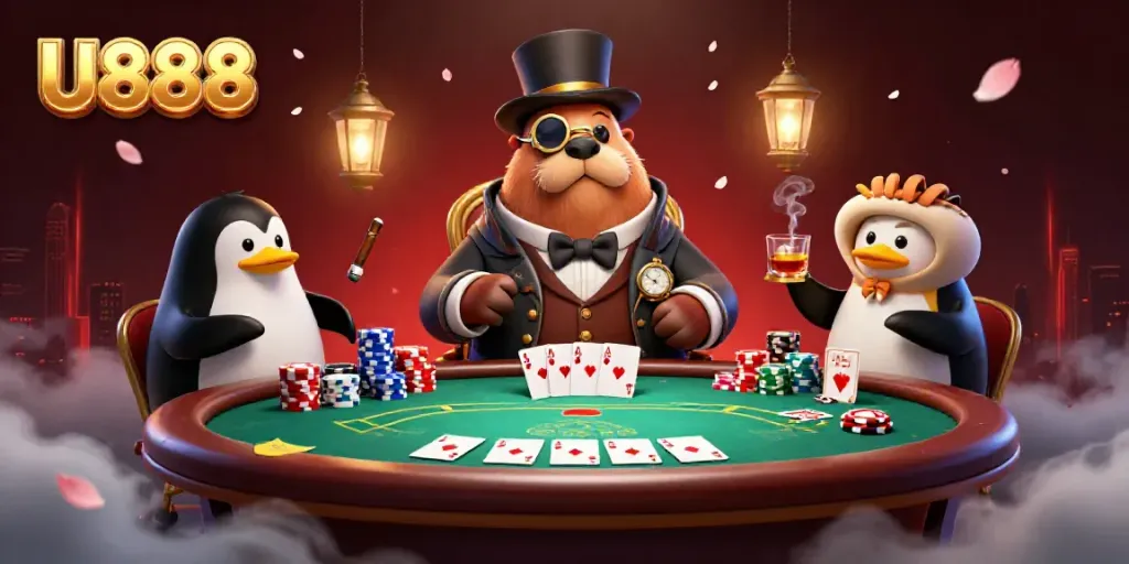 Engage with U888 at an underwater poker table featuring whimsical 3D characters in a vibrant setting.