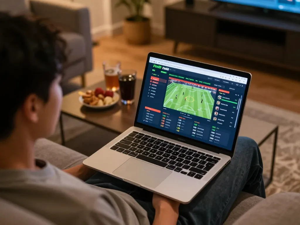Engaging user enjoying Fun88 sports betting on a laptop in a cozy home setting