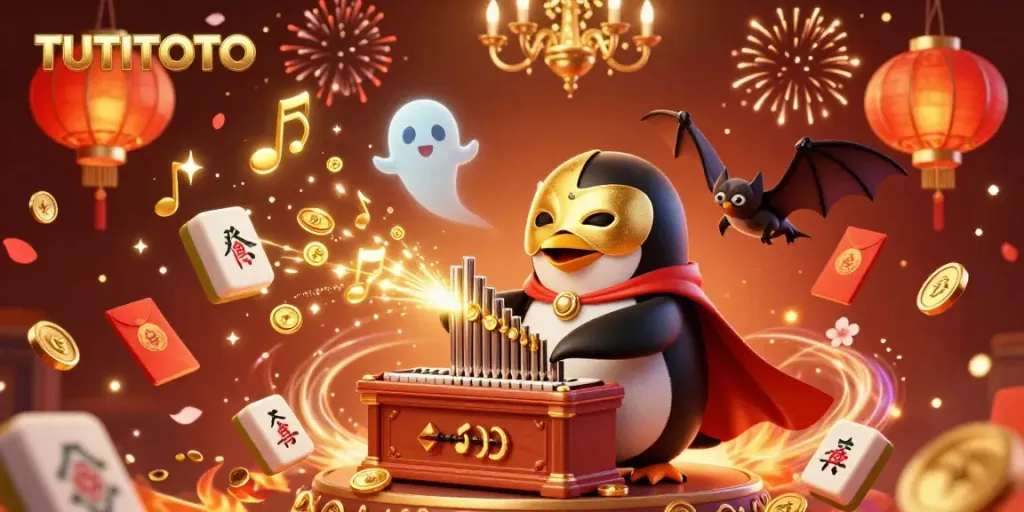 TUTITOTO features a 3D phantom penguin playing an organ with golden coins, surrounded by festive elements.