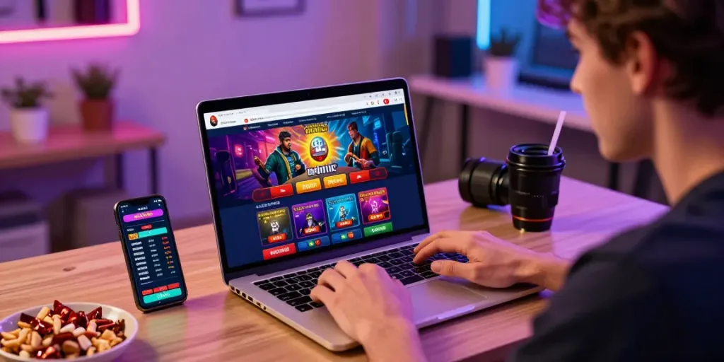 Seributoto Login dengan pengguna yang bersemangat menjelajahi antarmuka taruhan online di ruang kerja modern.