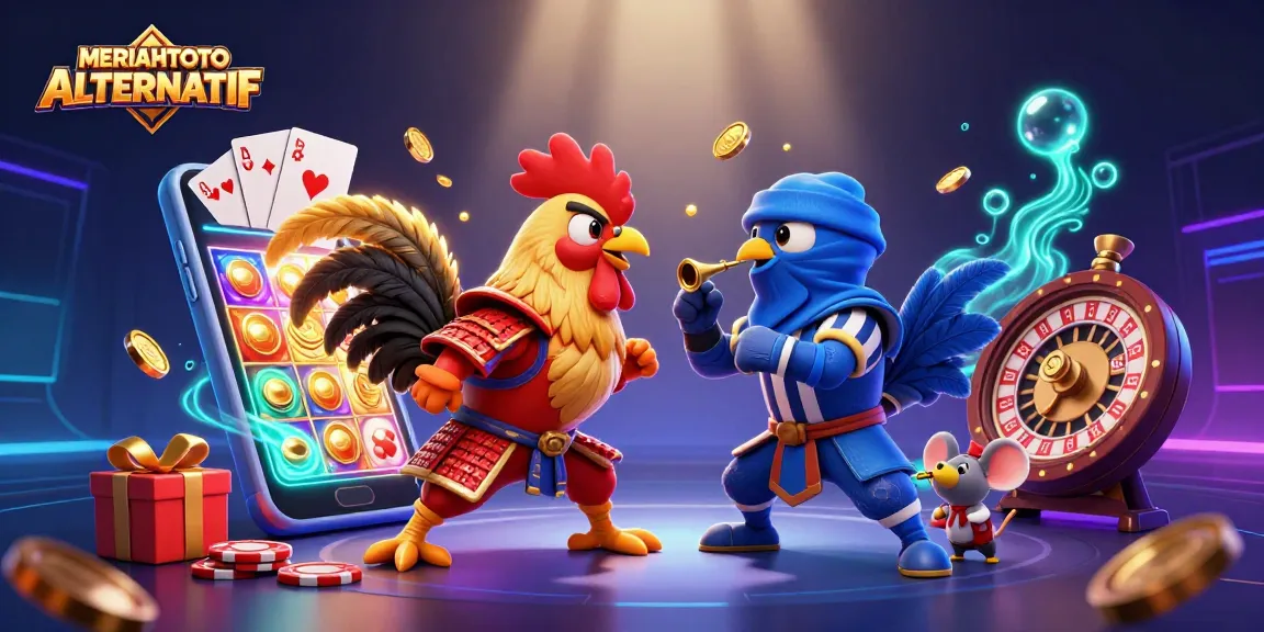 Gambar MERIAHTOTO ALTERNATIF dengan dua ayam jantan bertarung dan efek permainan kasino yang menarik.