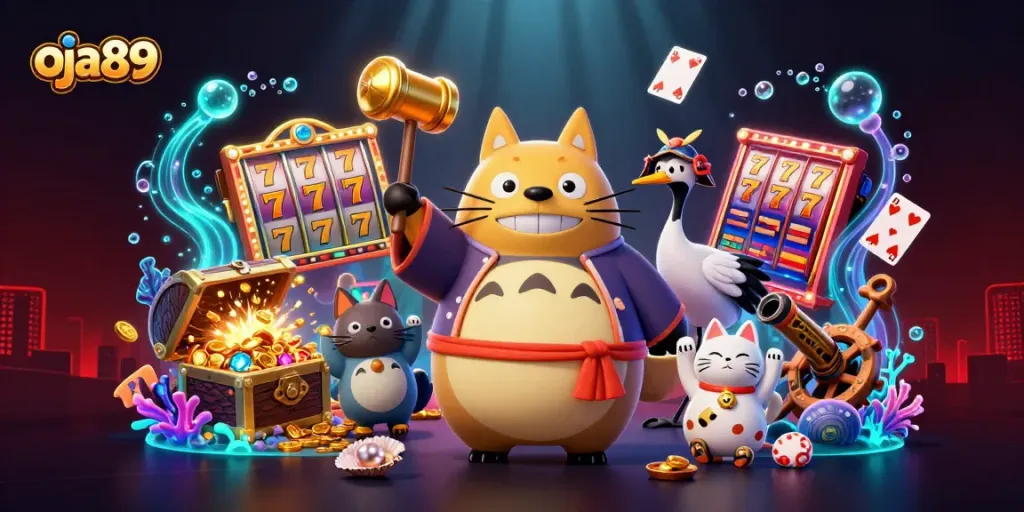 Menangkan jackpot di oja89 dengan tanuki ceria, ikan, dan item arcade berwarna-warni.