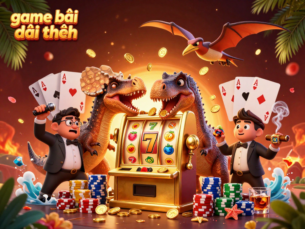 Experience thrilling game bài đổi thưởng as dinosaurs hilariously interact with casino games.