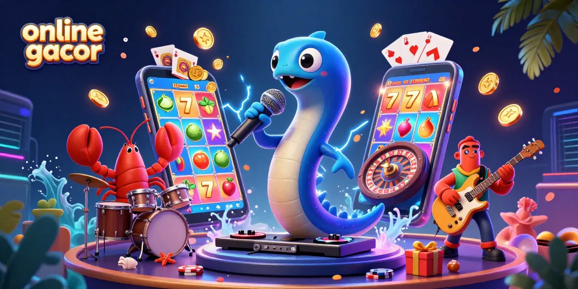 Experience the vibrant online gacor scene with electric eel performing, colorful slot games, and casino elements.