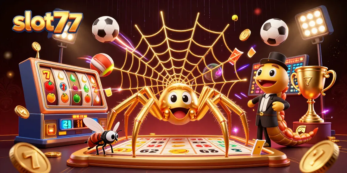 Experience the thrill of slot777 as a golden spider spins a jackpot web filled with vibrant casino elements.