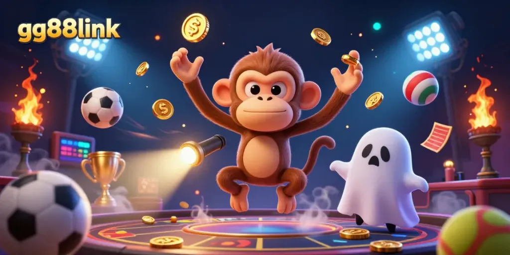 Enhance your gaming skills with gg88link as a playful poltergeist monkey juggles fortunes in a haunted casino.