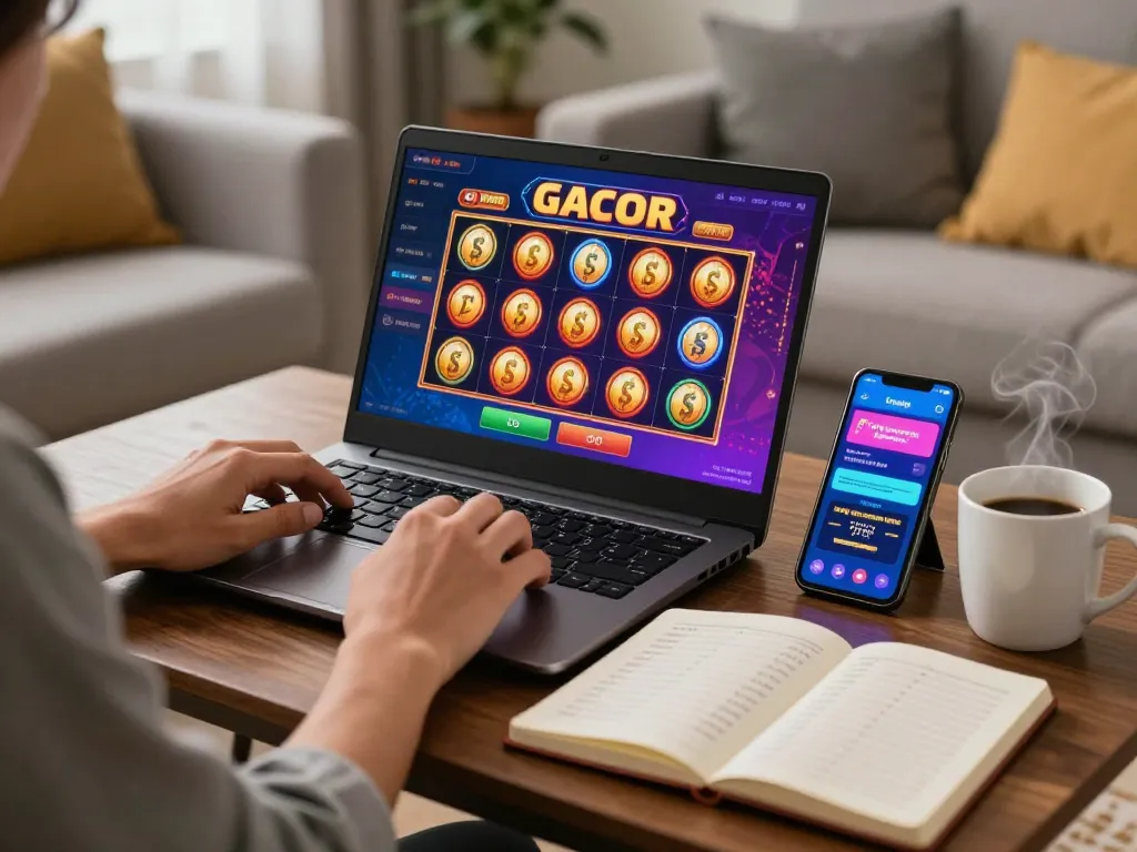 Engaging in exciting slot gacor gameplay on a laptop at home with strategic notes nearby.